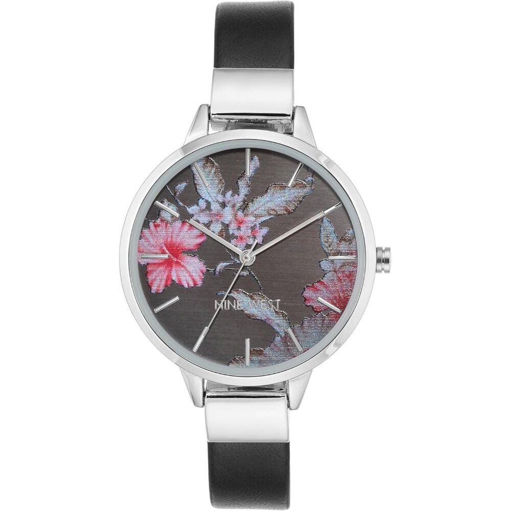 Women's Floral Silver/Black Crystal Lens Smooth Strap Buckle Closure Watch